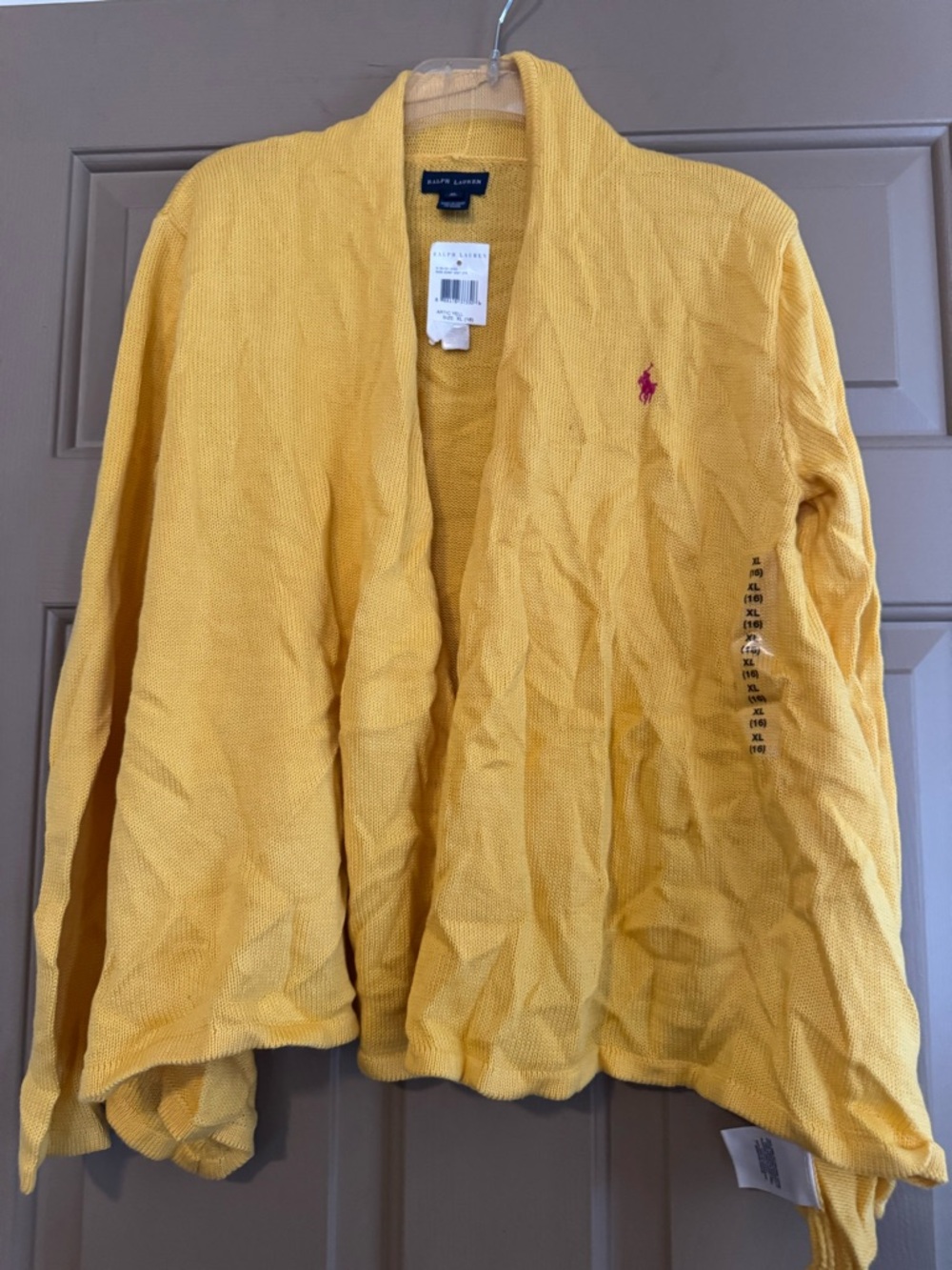 Ralph Lauren Yellow Knit Open Cardigan with Pink Pony Accent